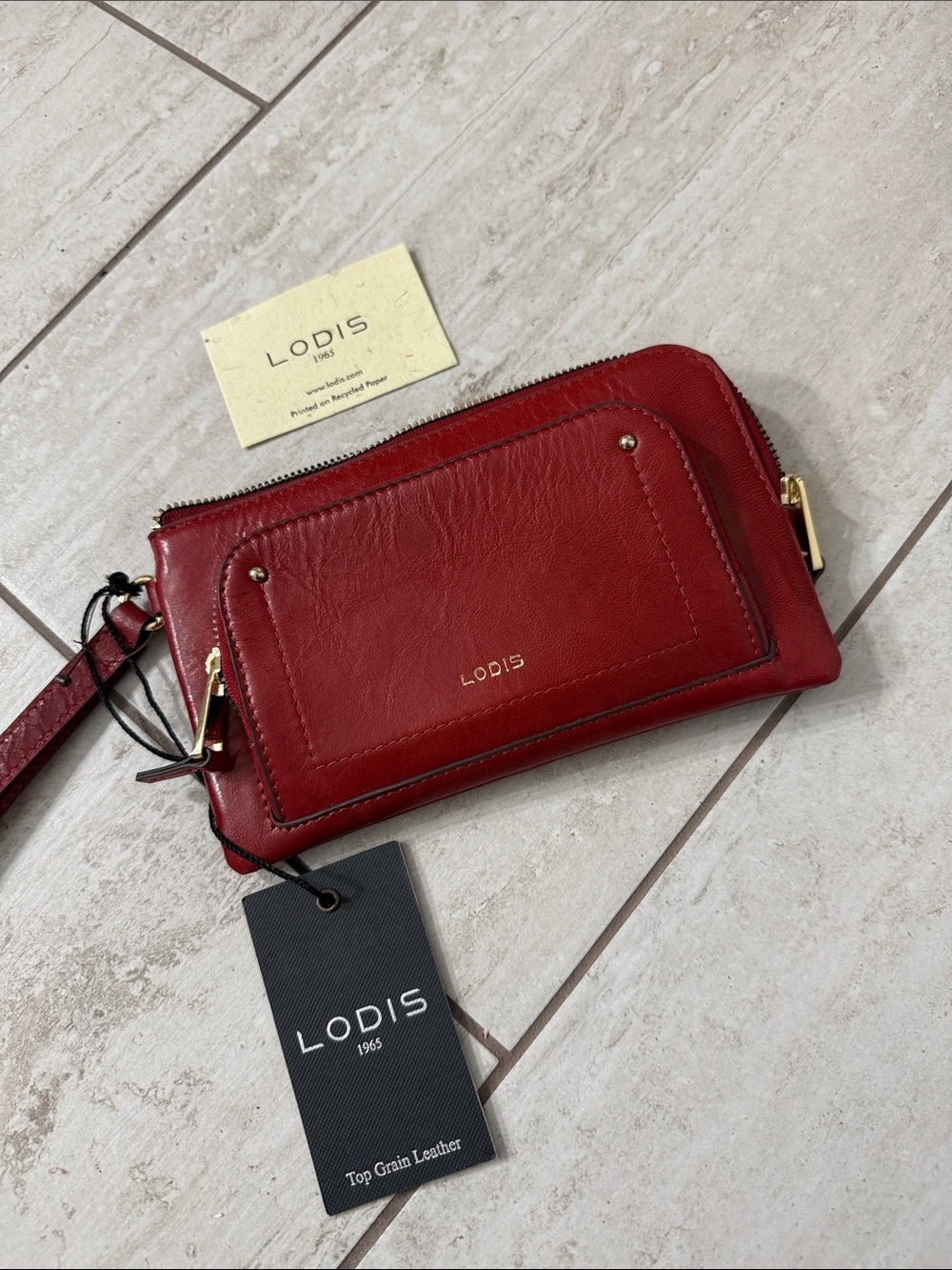Lodis Red Leather Wristlet Clutch with Gold Accents..NWT..then .. zippers ..slot